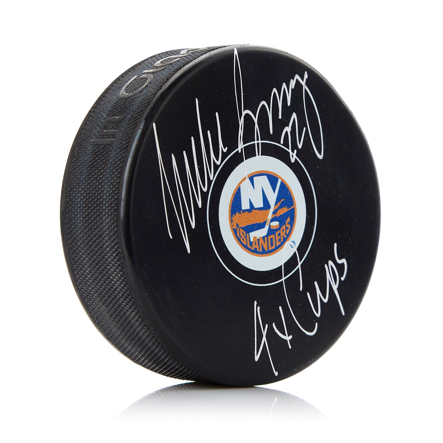 Mike Bossy New York Islanders Signed Puck with 4 Cups Note