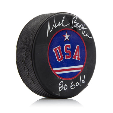 Neal Broten Team USA Autographed Hockey Puck With 80 Gold Inscription