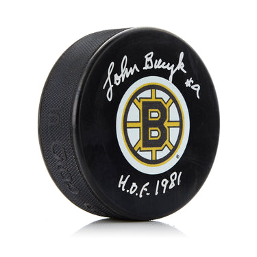 Johnny Bucyk Boston Bruins Autographed Hockey Puck with HOF Note