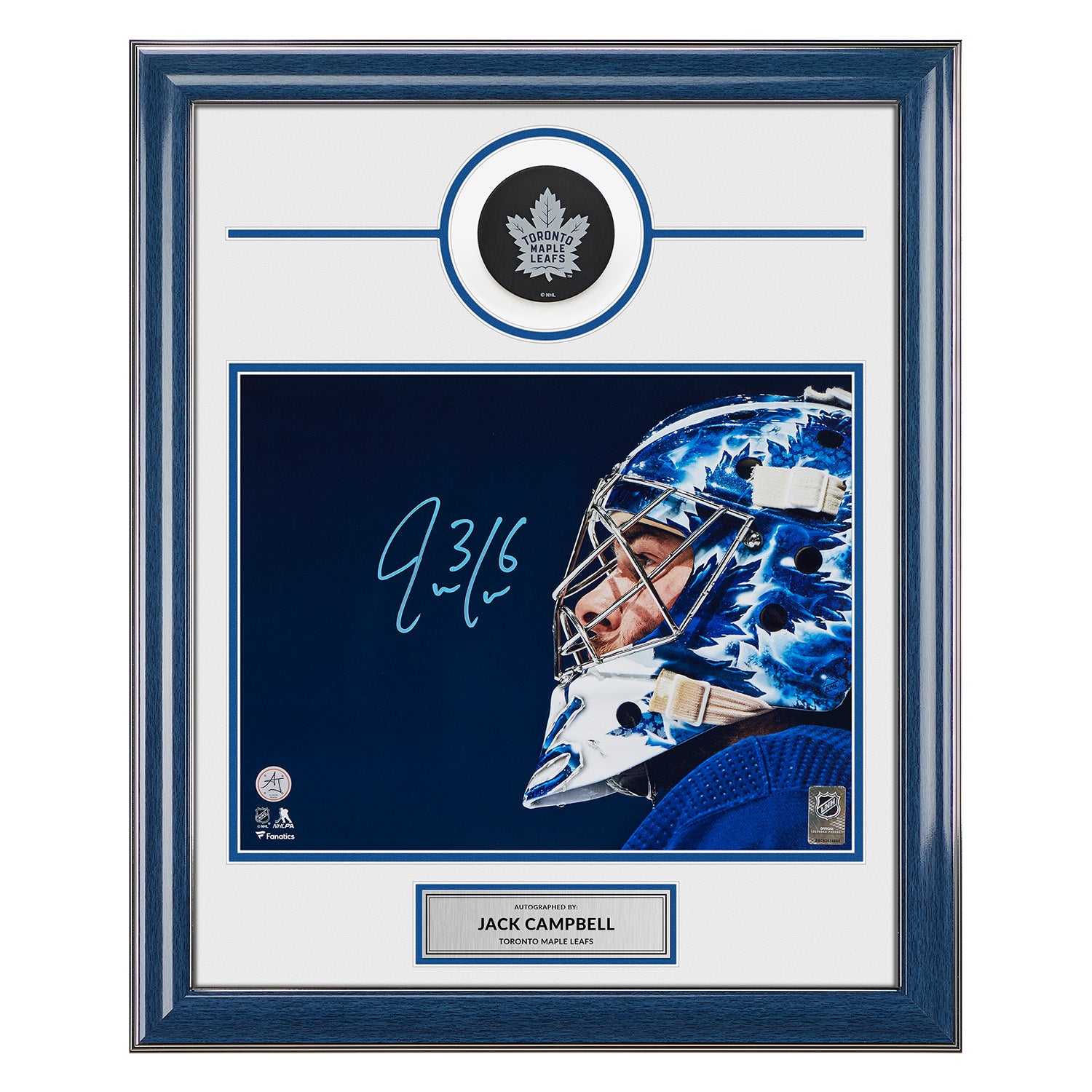 Jack Campbell Toronto Maple Leafs Signed Mask Closeup 20x24 Puck Frame