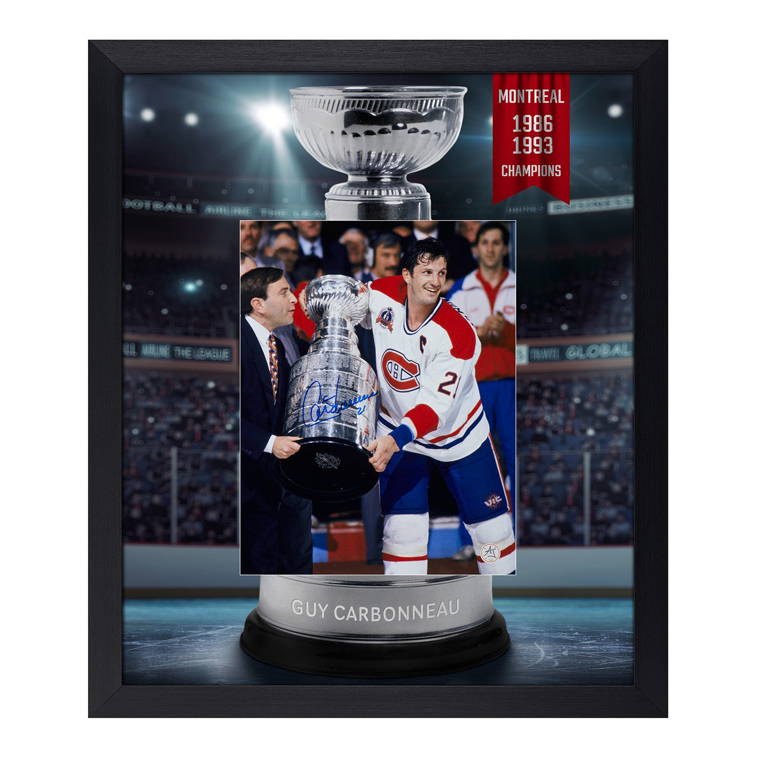 Guy Carbonneau Signed Montreal Canadiens Cup Champion Graphic 23x27 Frame