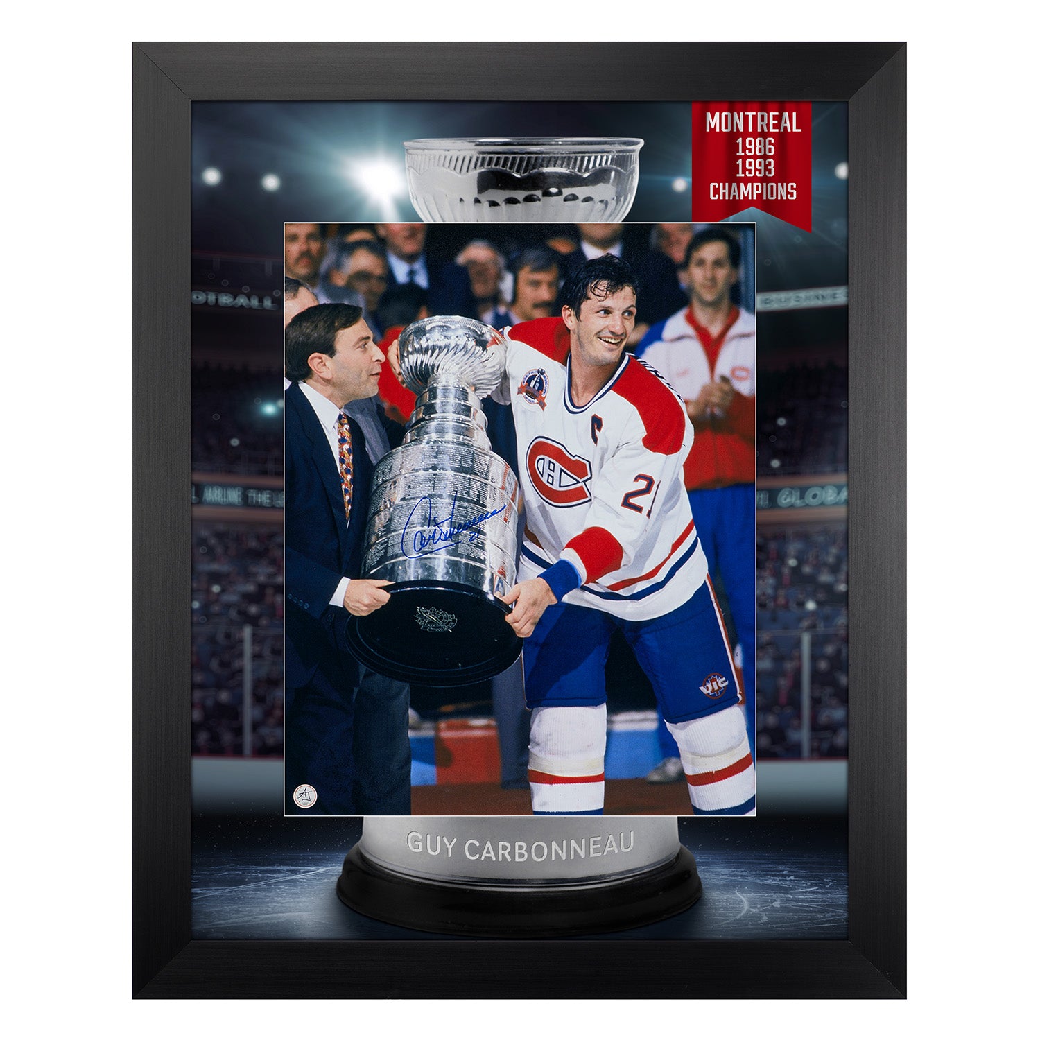 Guy Carbonneau Signed Montreal Canadiens Champion Cup Graphic 26x32 Frame