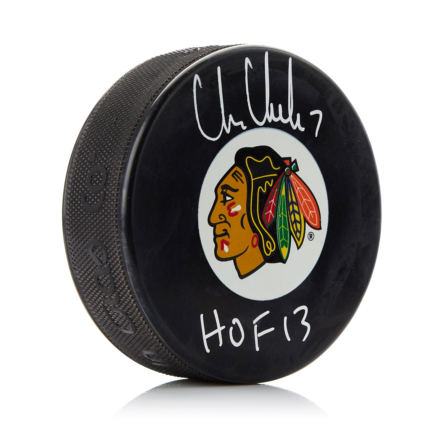 Chris Chelios Chicago Blackhawks Autographed Hockey Puck with HOF Note