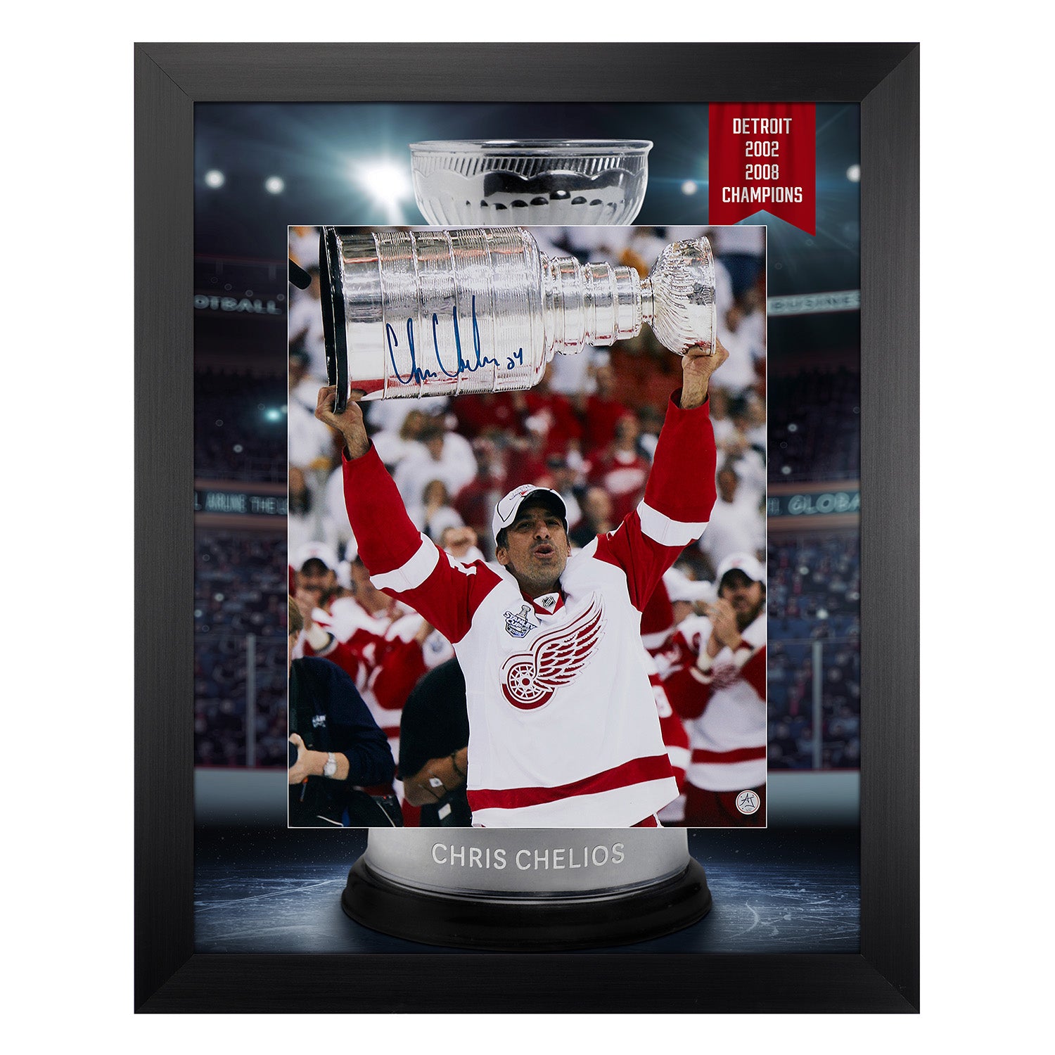 Chris Chelios Signed Detroit Red Wings Champion Cup Graphic 26x32 Frame