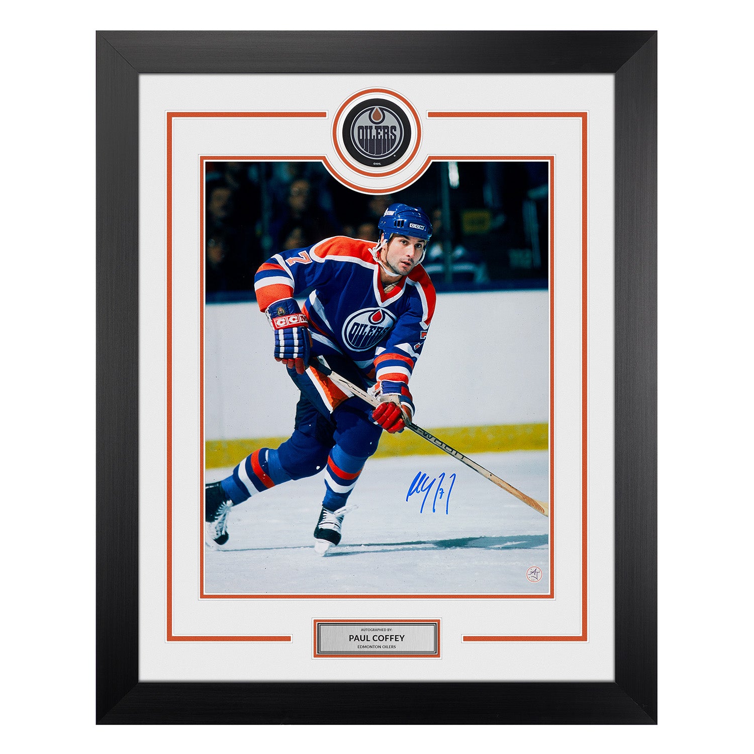 Paul Coffey Signed Edmonton Oilers Puck Display 26x32 Frame
