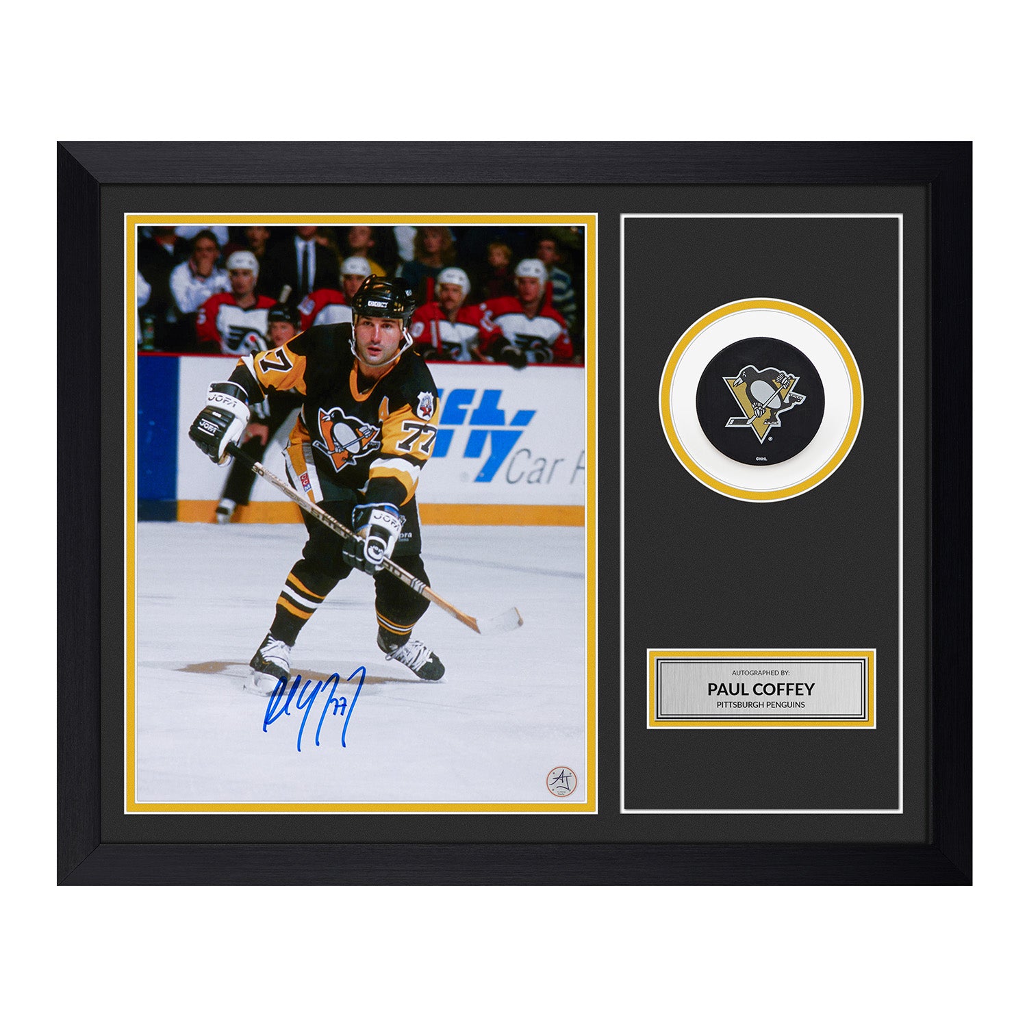 Paul Coffey Signed Pittsburgh Penguins Puck Display 19x23 Frame