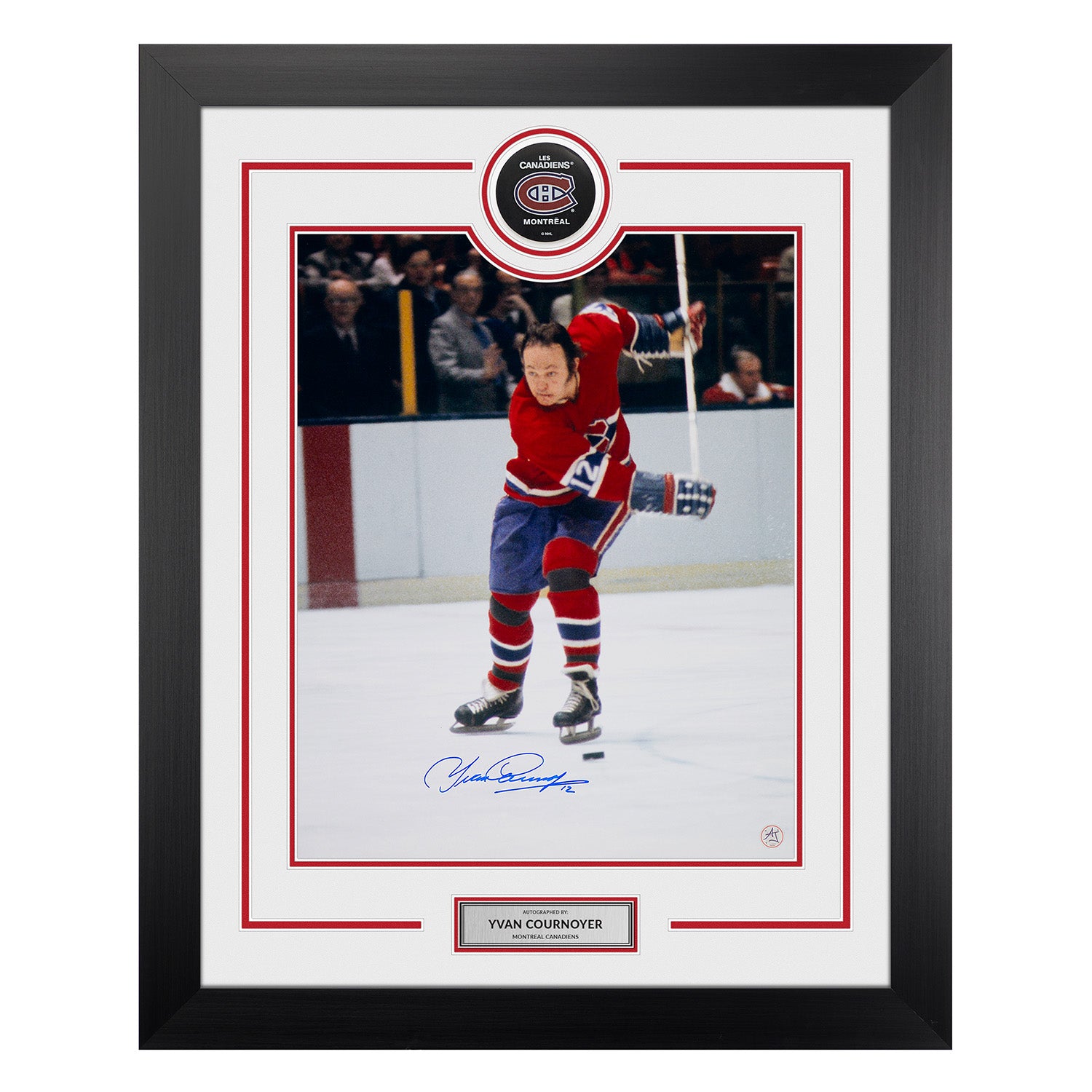 Yvan Cournoyer Signed Montreal Canadiens Puck Display 26x32 Frame
