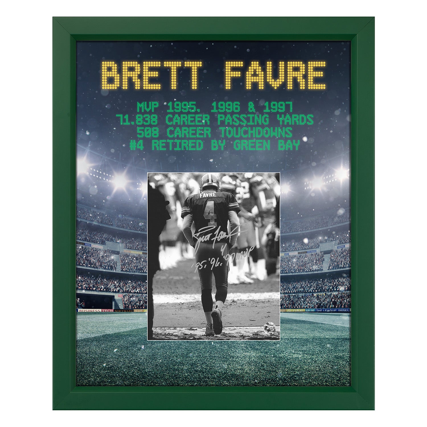 Brett Favre Signed Green Bay Football Stadium Graphic 19x23 Frame