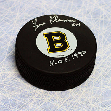 Fern Flaman Boston Bruins Autographed Retro Original Six Puck with HOF Note