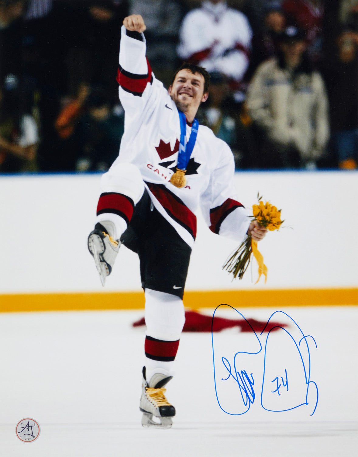 Theo Fleury Autographed Canada 2002 Gold Metal 11x14 Photo