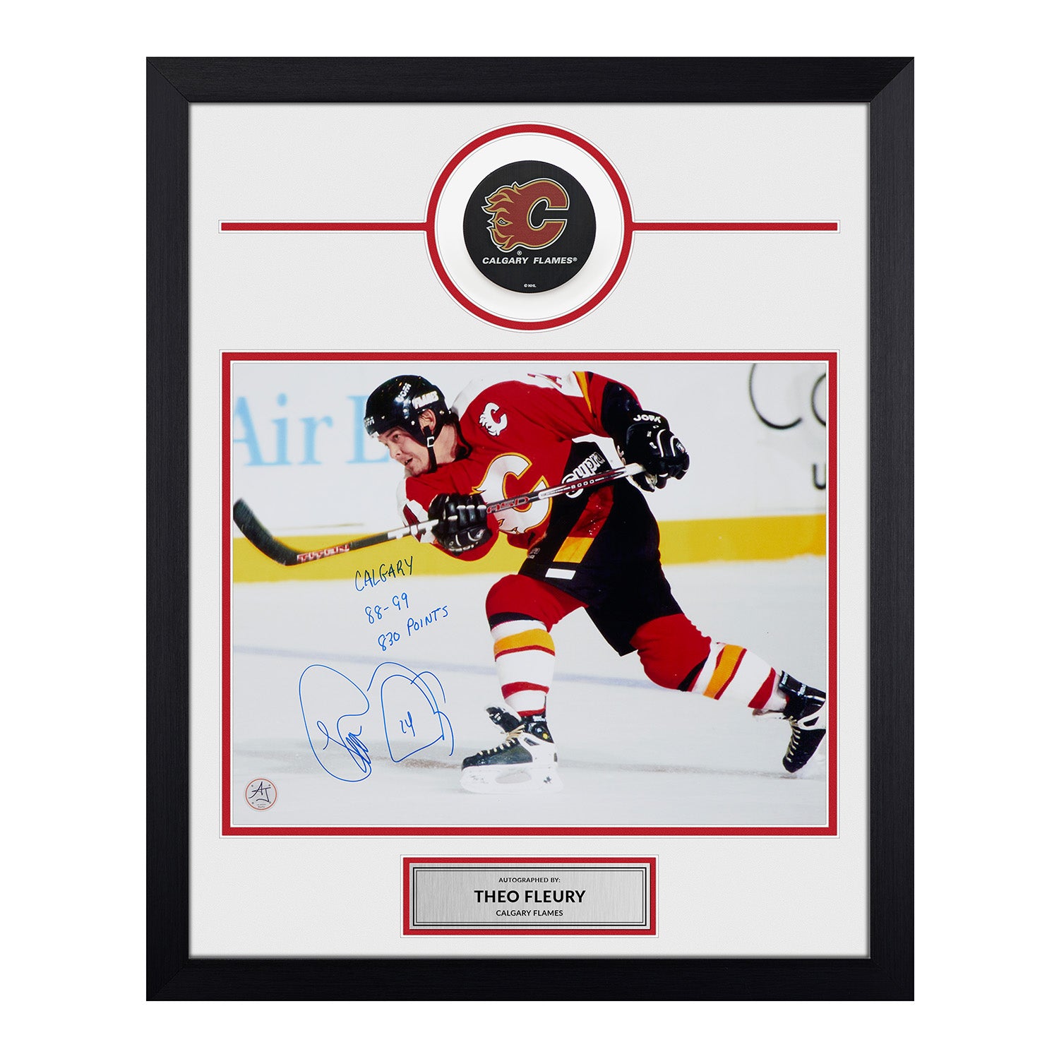 Theo Fleury Calgary Flames Signed & Inscribed Franchise Stats 20x24 Puck Frame