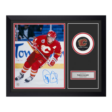 Theo Fleury Signed Calgary Flames Puck Display 19x23 Frame