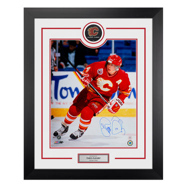 Theo Fleury Signed Calgary Flames Puck Display 26x32 Frame