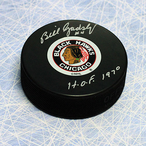 Bill Gadsby Chicago Blackhawks Autographed Hockey Puck with HOF Note
