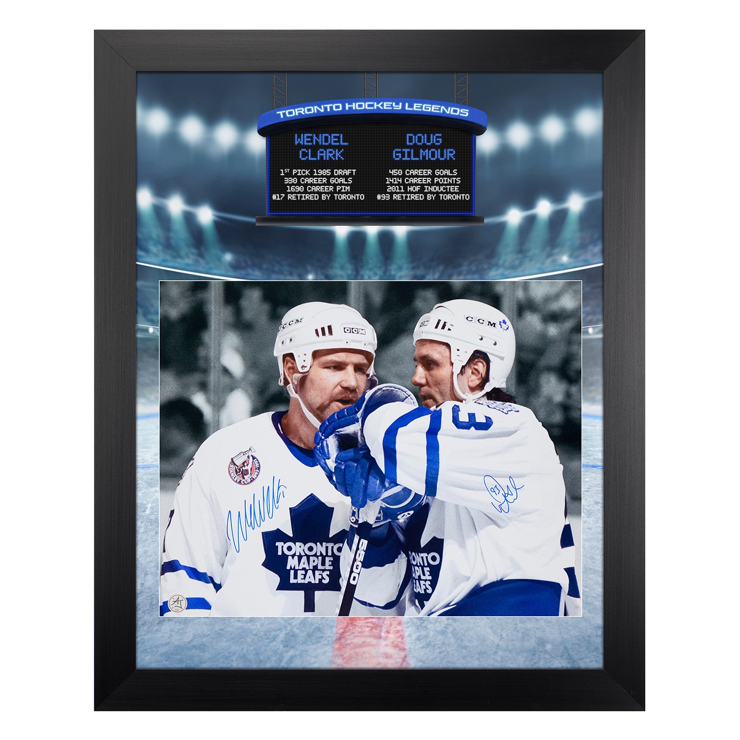 Doug Gilmour & Wendel Clark Dual Signed Maple Leafs Arena Graphic 26x32 Frame