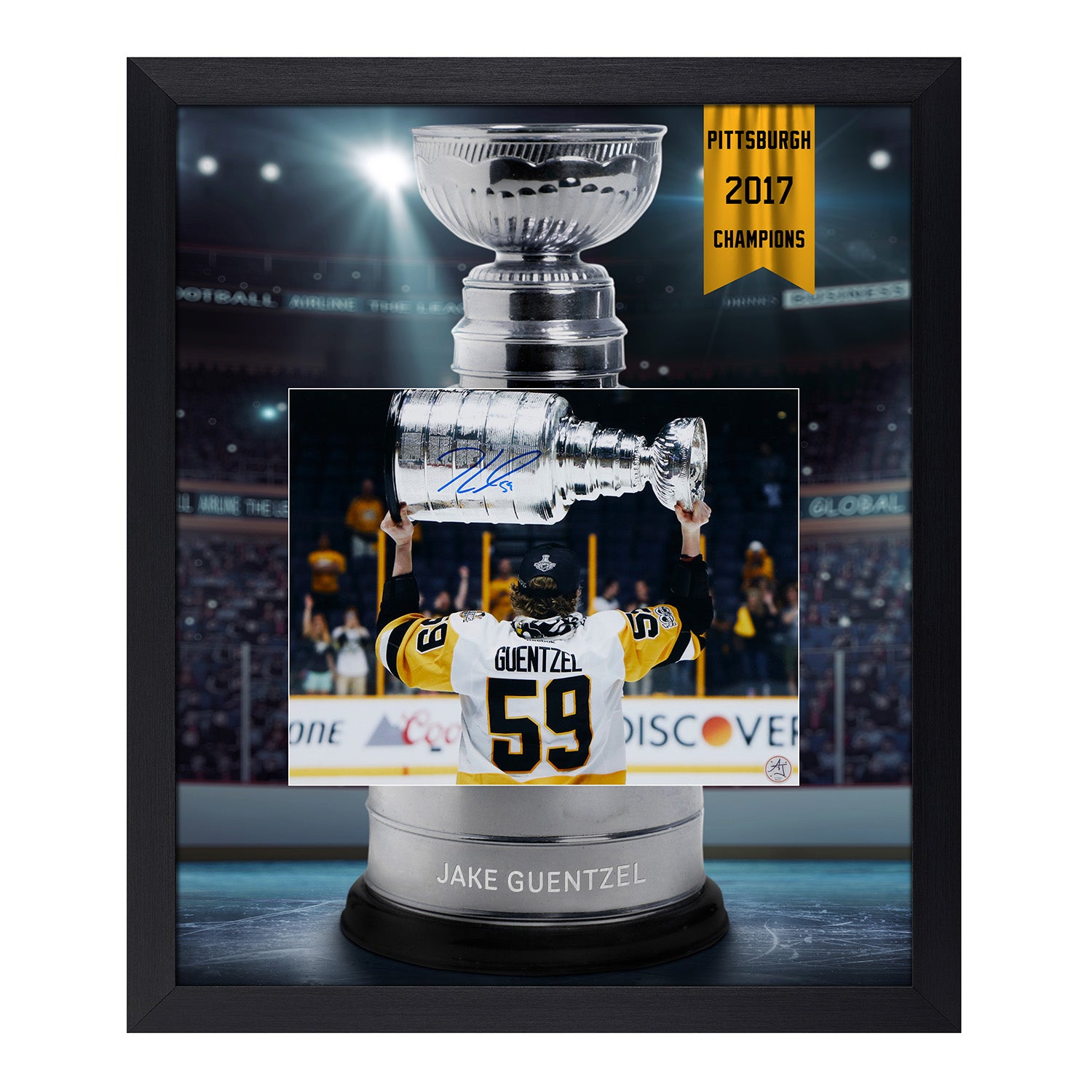 Jake Guentzel Signed Pittsburgh Penguins Cup Champion Graphic 23x27 Frame