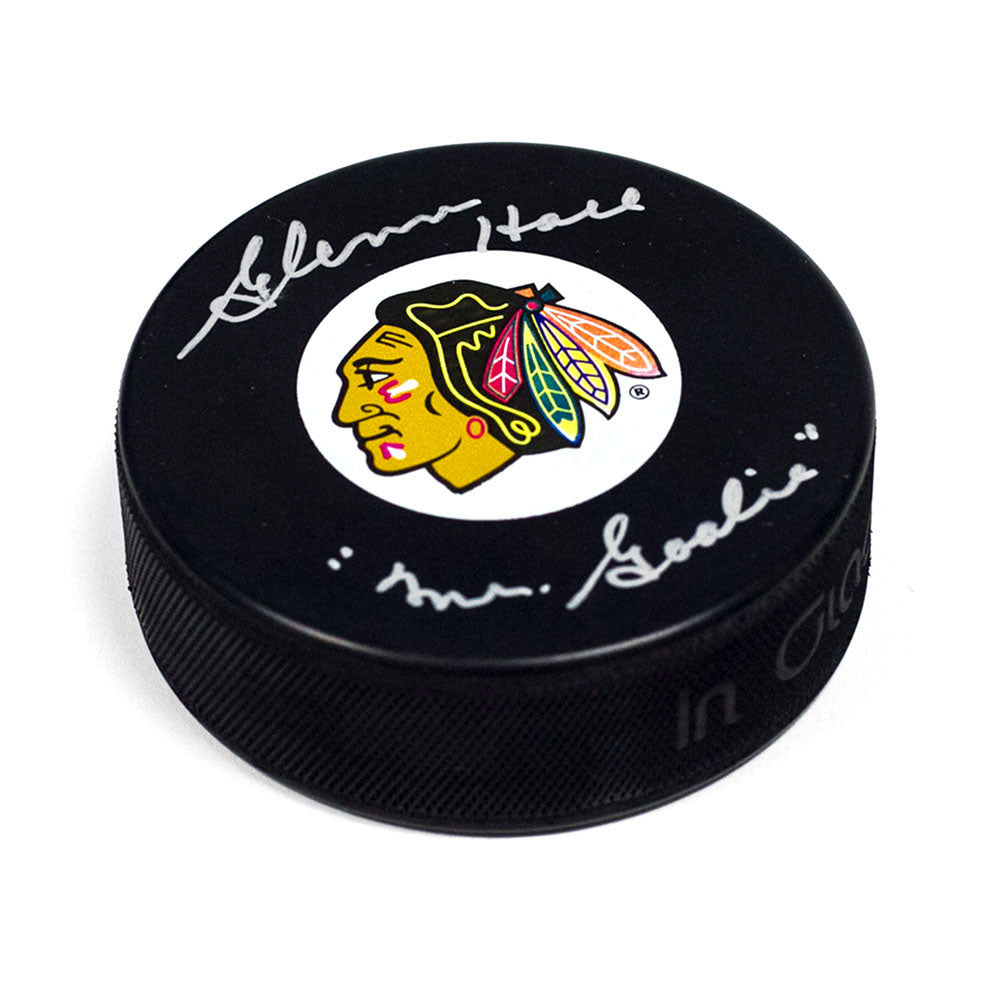 Glenn Hall Chicago Blackhawks Autographed Hockey Puck w Mr Goalie Note