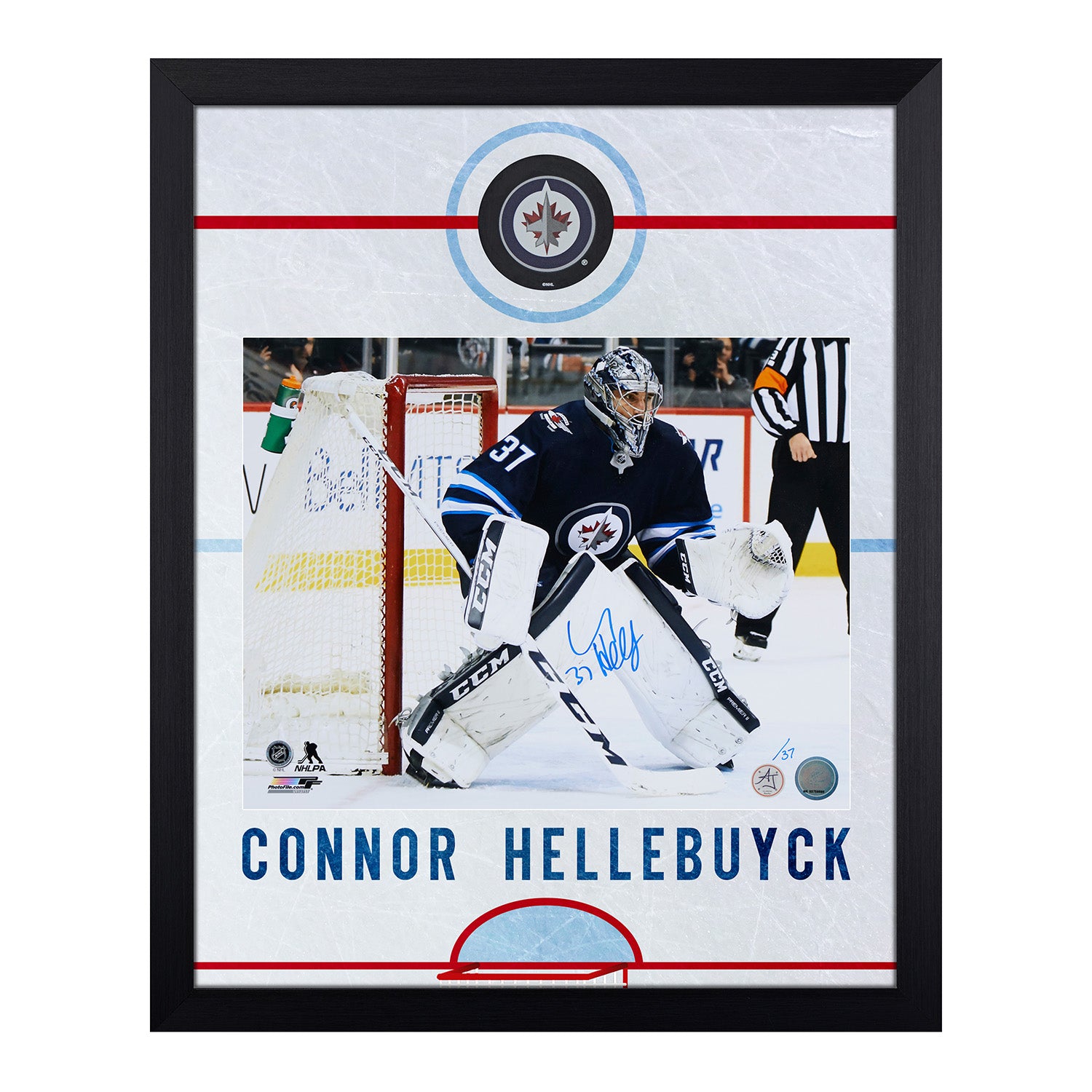 Connor Hellebuyck Signed Winnipeg Jets Graphic Rink 19x23 Frame
