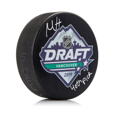 Nils Hoglander Signed 2019 NHL Entry Draft Puck with 40th Pick Note