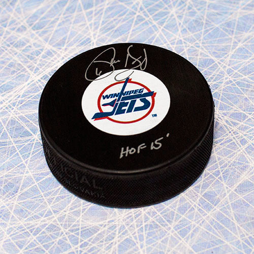 Phil Housley Winnipeg Jets Signed Retro Hockey Puck with HOF Inscription