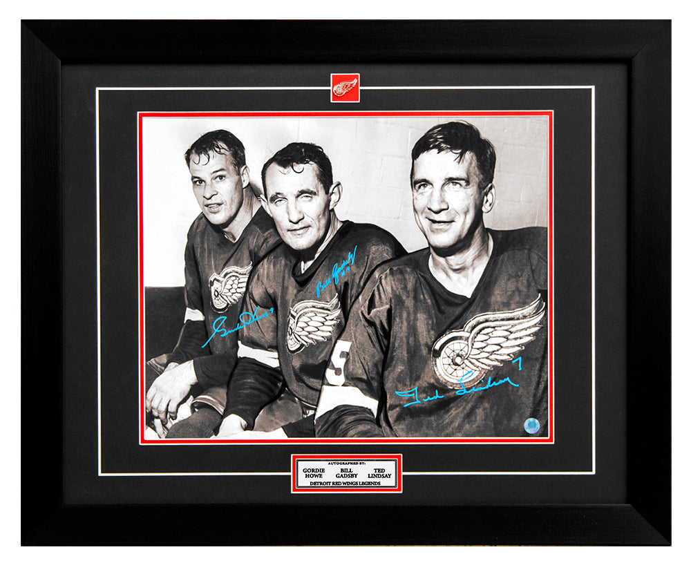 Gordie Howe, Bill Gadbsy & Ted Lindsay Signed Red Wings Legends 26x32 Frame
