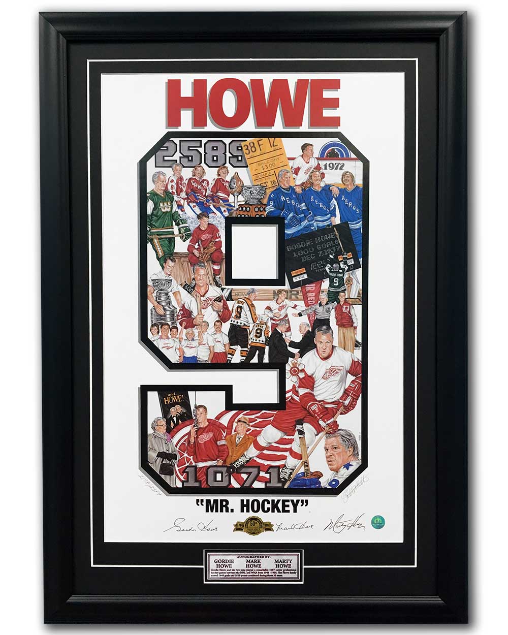 Gordie, Mark and Marty Howe Family Signed Mr Hockey Art Collage 23x33 Frame