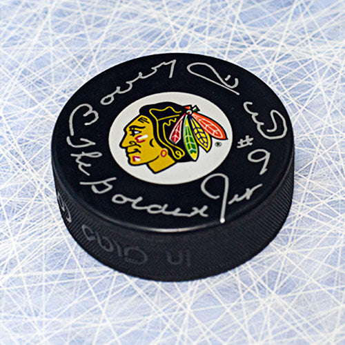Bobby Hull Chicago Blackhawks Autographed Hockey Puck with Golden Jet Note