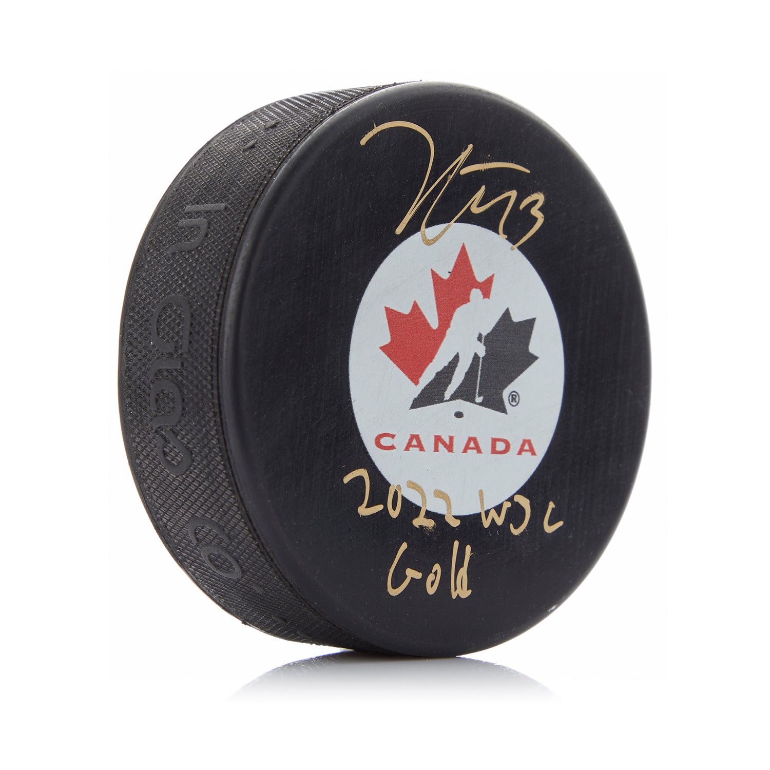 Kent Johnson Autographed Team Canada Puck with WJC Gold Note