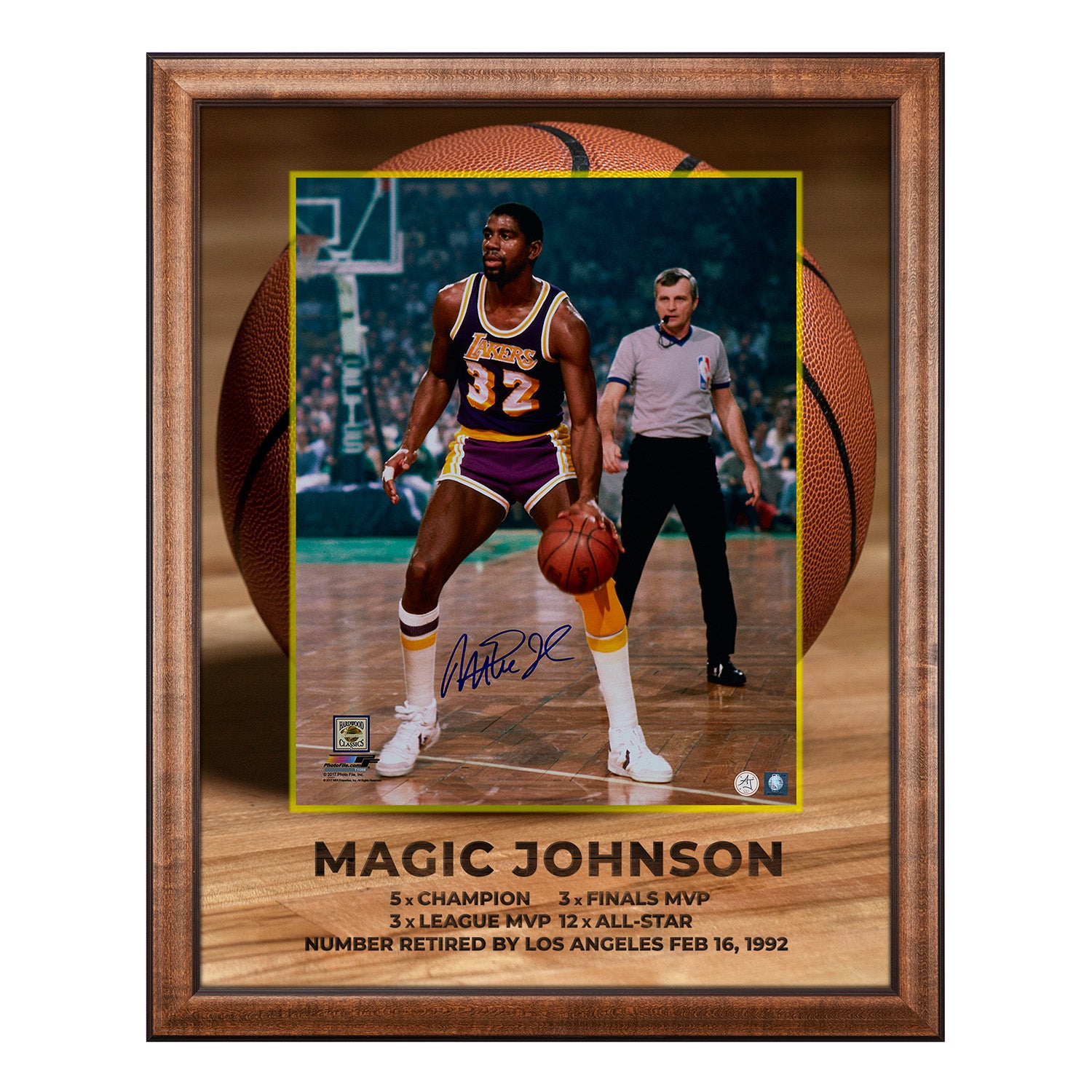 Magic Johnson Signed Los Angeles Lakers Basketball Graphic 26x32 Frame