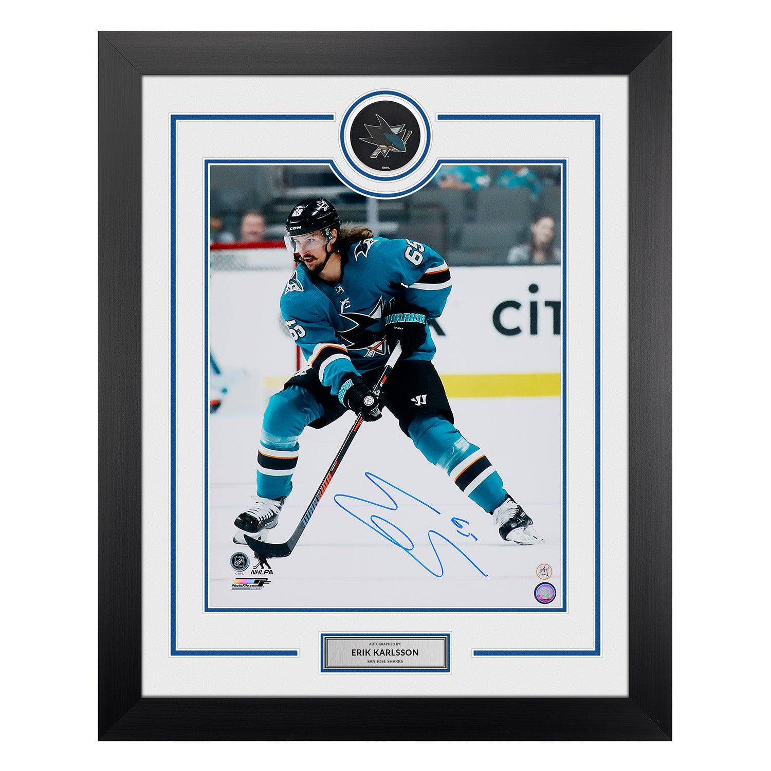 Erik Karlsson Signed San Jose Sharks Puck Display 26x32 Frame