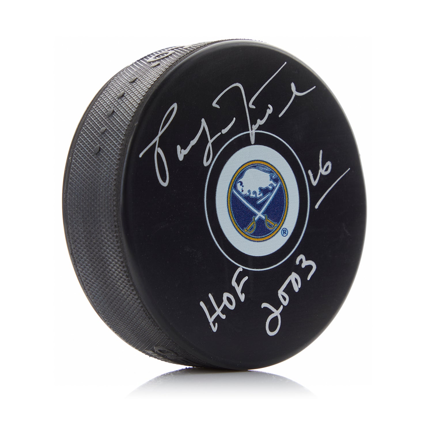 Pat LaFontaine Signed Buffalo Sabres Puck with HOF Note