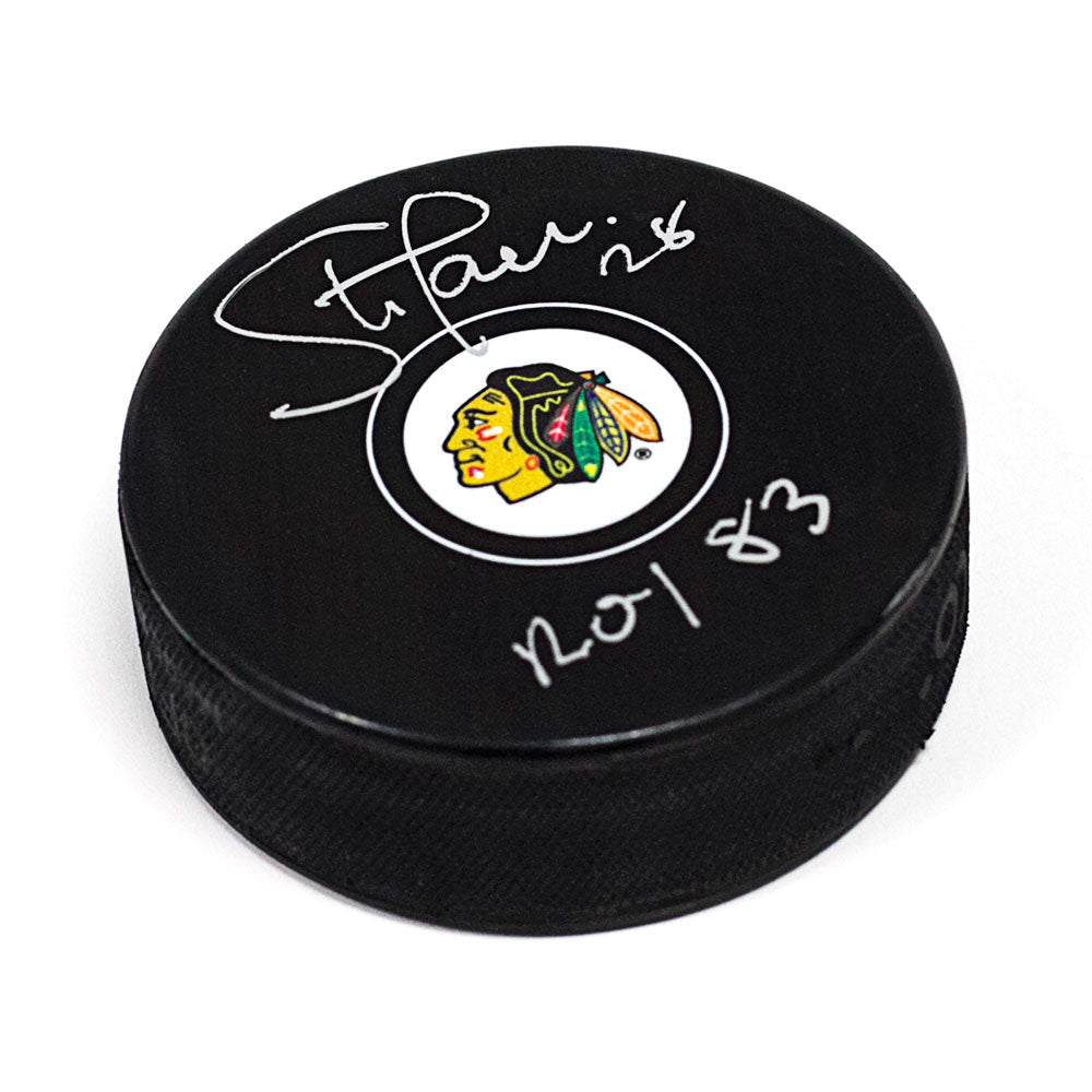 Steve Larmer Chicago Blackhawks Autographed Hockey Puck with ROY 83 Note