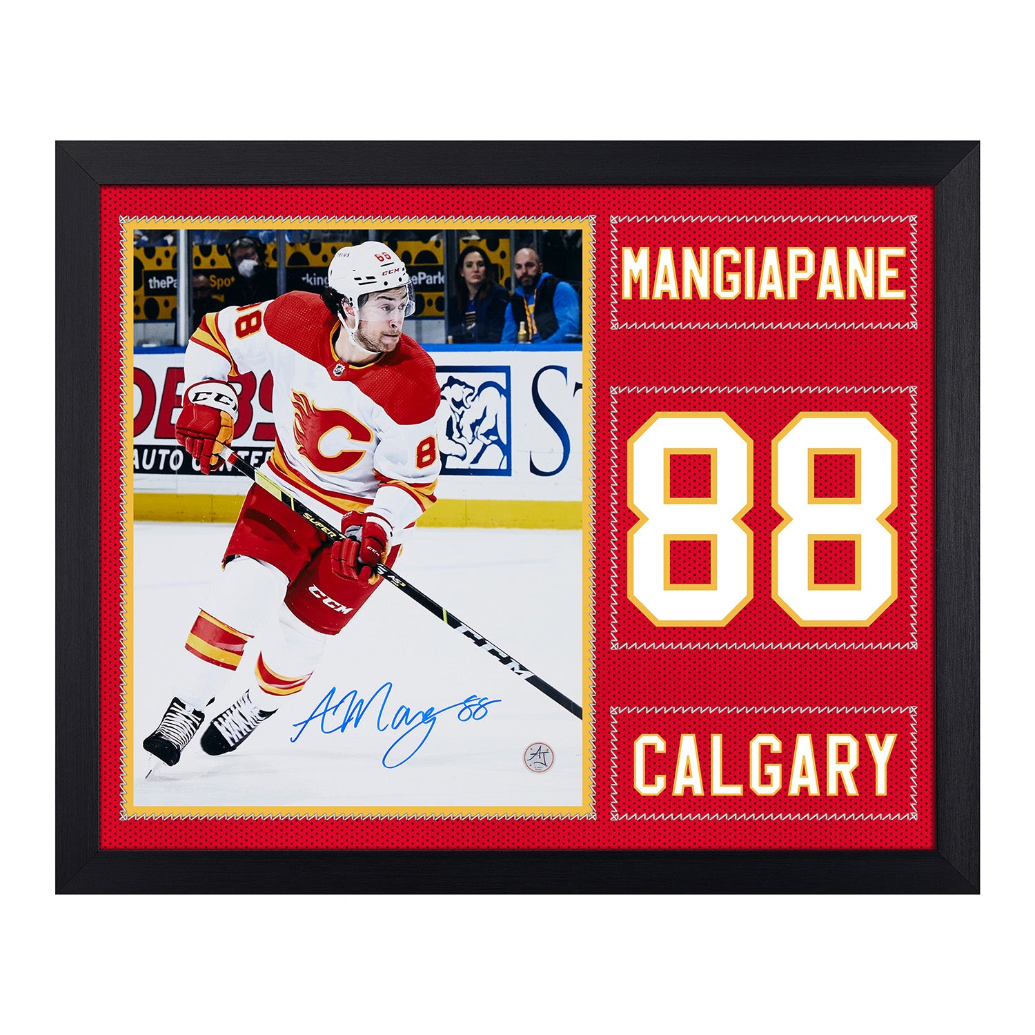 Andrew Mangiapane Signed Calgary Flames Uniform Graphic 19x23 Frame