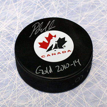 Patrick Marleau Team Canada Signed Olympic Puck with 2x Gold Inscription