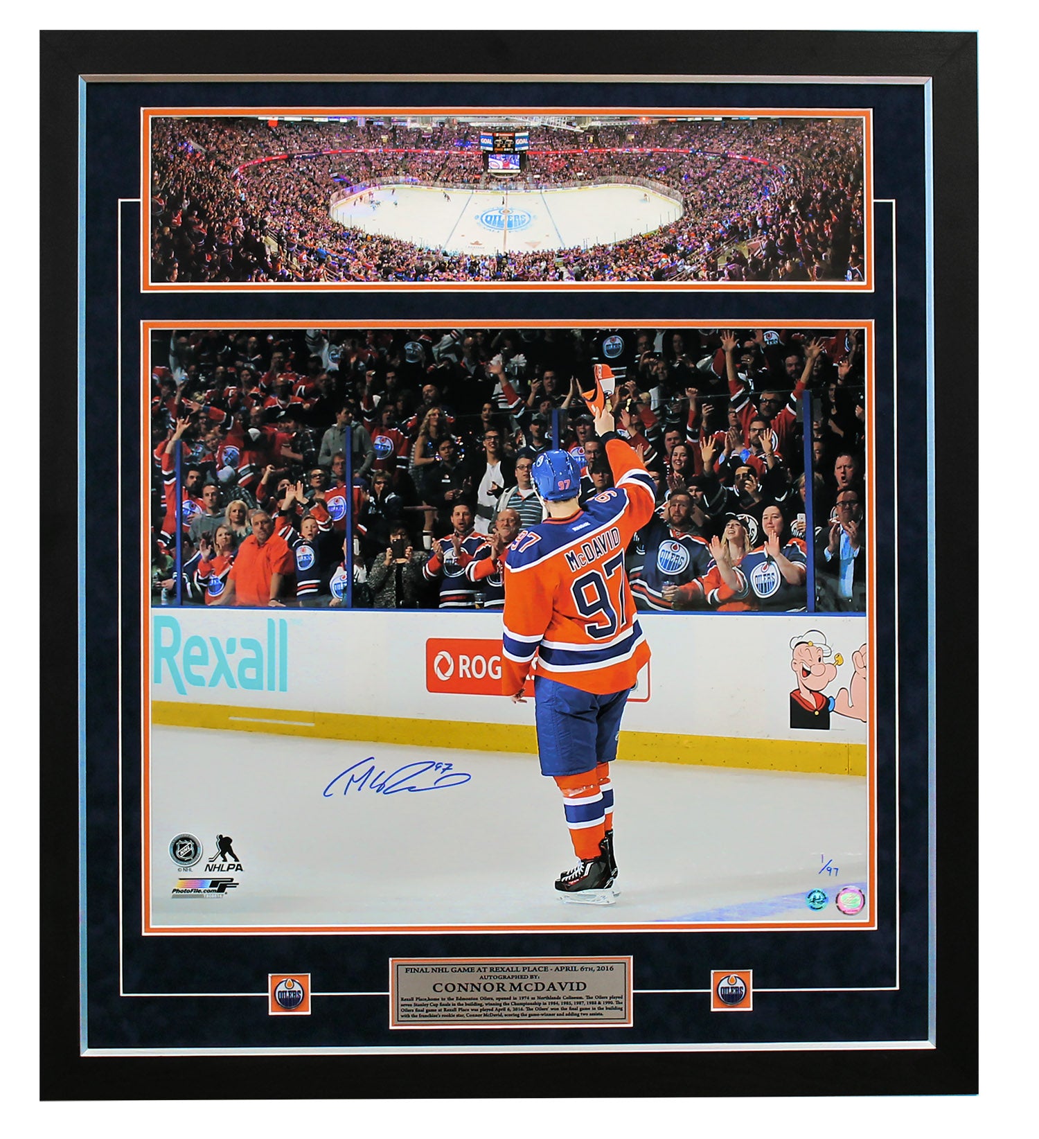 Connor McDavid Edmonton Oilers Signed Final Game At Rexall 31x35 Frame #/97