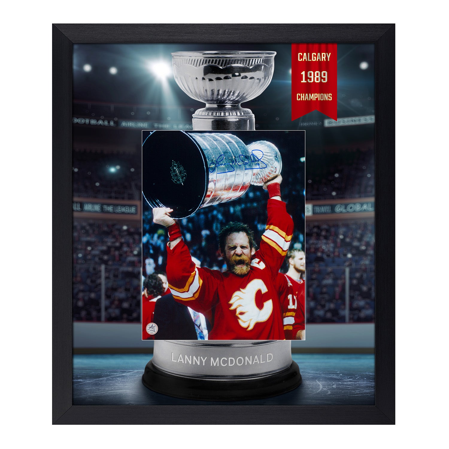 Lanny McDonald Signed Calgary Flames Cup Champion Graphic 23x27 Frame