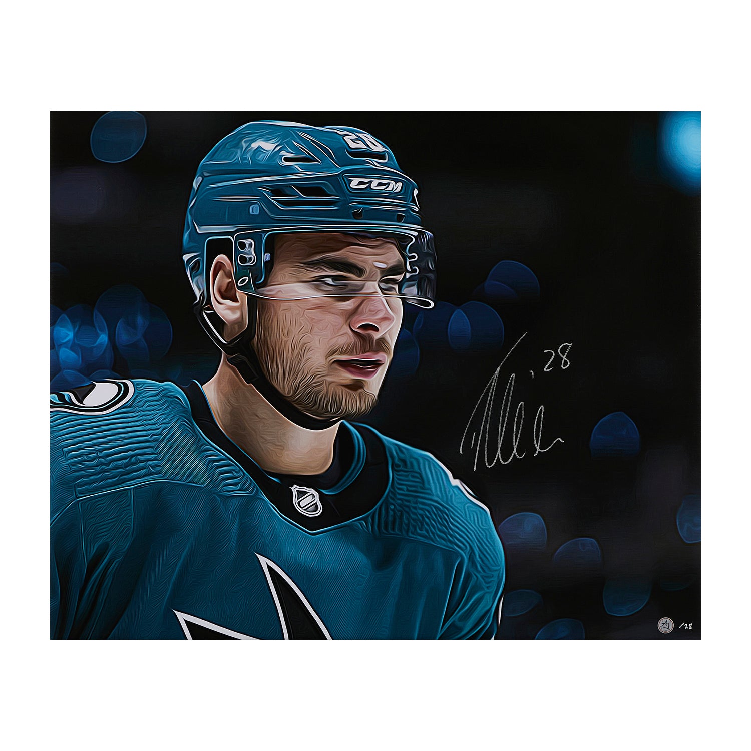 Timo Meier Signed San Jose Hockey Portrait 26x32 Art Canvas /28