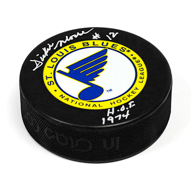 Dickie Moore St Louis Blues Signed Hockey Puck with HOF Note