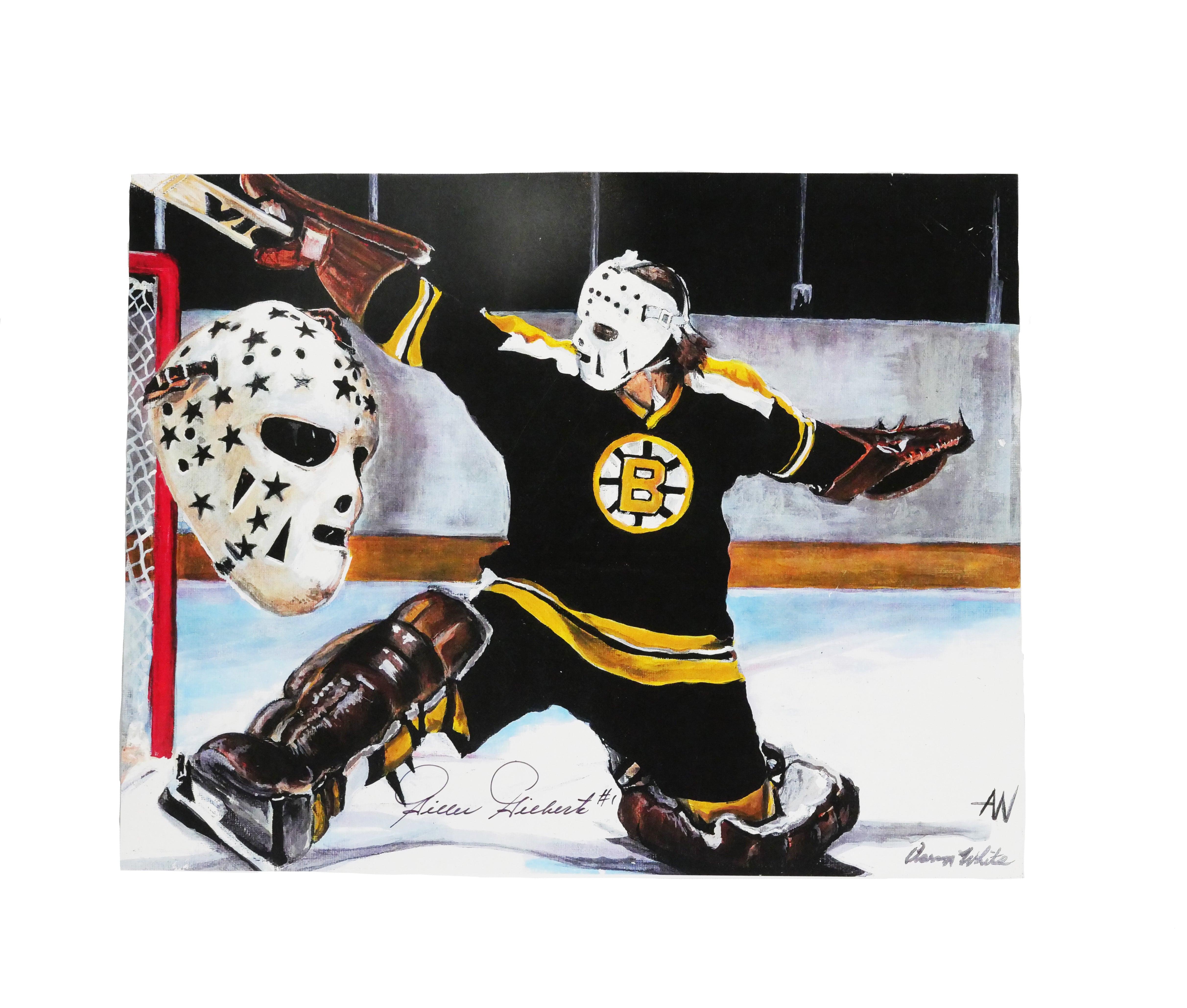 Gilles Gilbert Boston Bruins 16x12 Dive with Mask Art Piece Signed