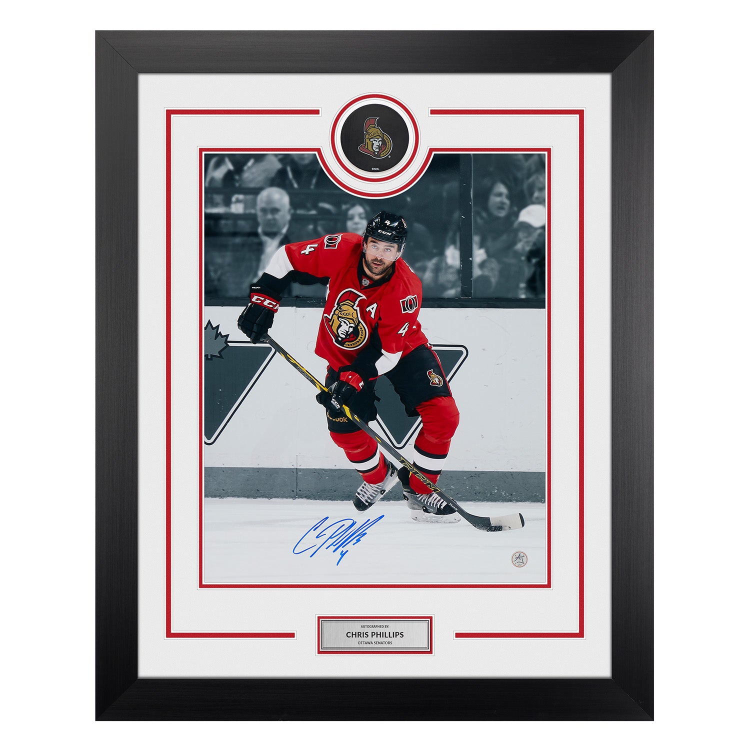 Chris Phillips Signed Ottawa Senators Puck Display 26x32 Frame