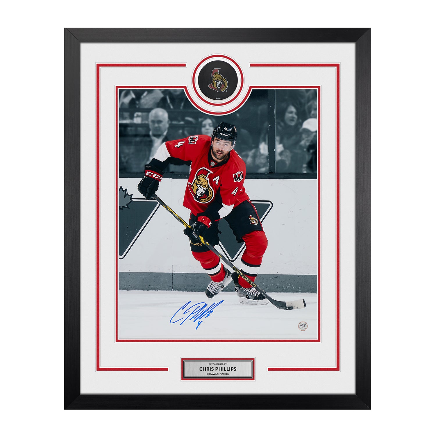 Chris Phillips Signed Ottawa Senators Puck Logo 26x32 Frame