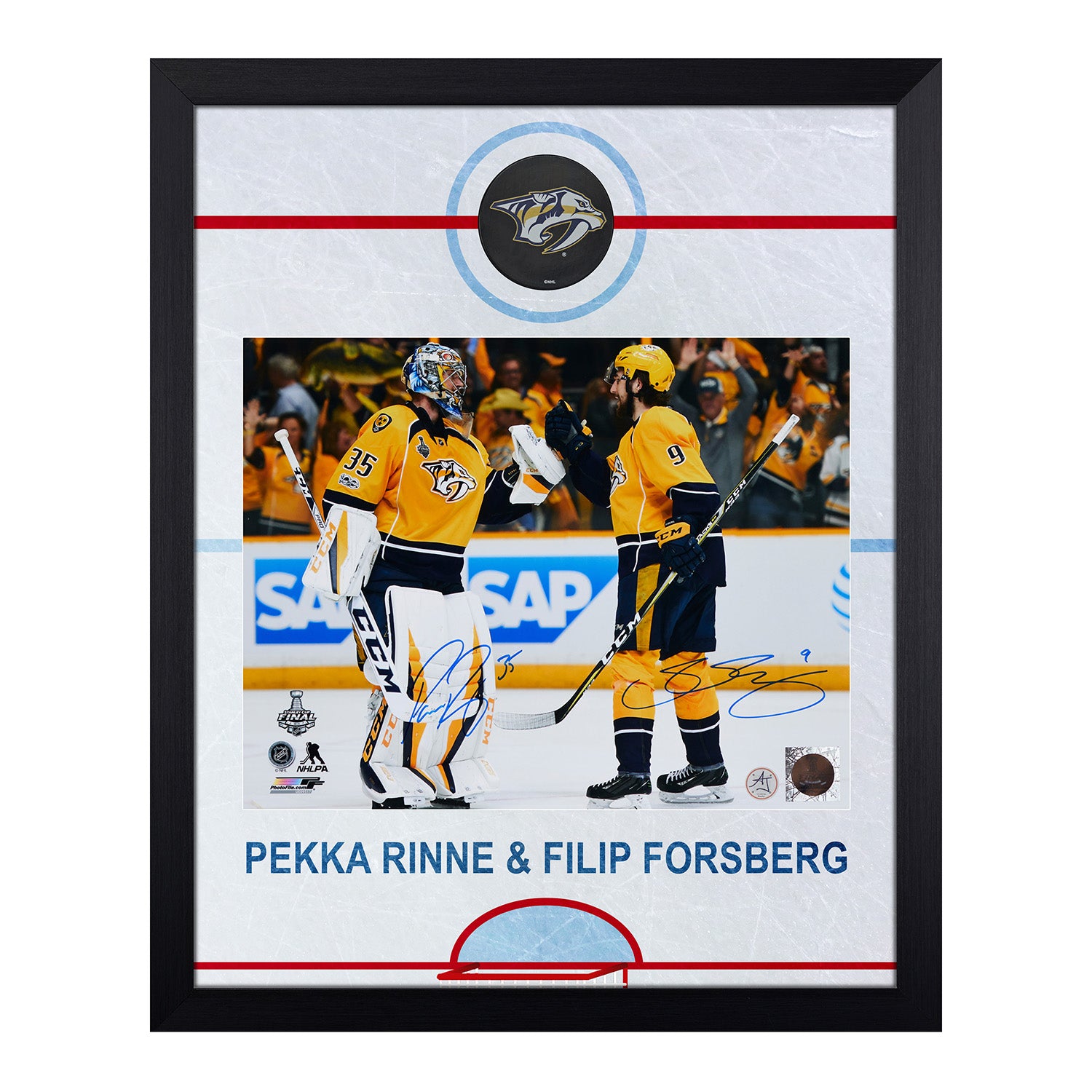 Pekka Rinne & Filip Forsberg Dual Signed Nashville Graphic Rink 19x23 Frame