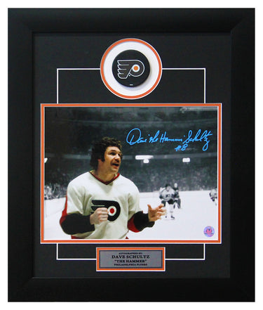 Dave The Hammer Schultz Philadelphia Flyers Signed Spotlight 20x24 Puck Frame