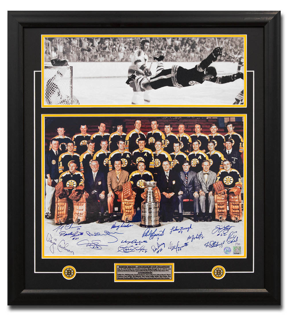 1970 Boston Bruins Stanley Cup 16 Player Team Signed Orr Goal 26x32 Frame