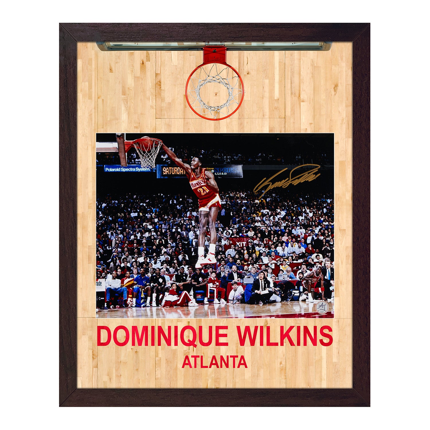 Dominique Wilkins Signed Atlanta Hawks Aerial Hoop Graphic 19x23 Frame