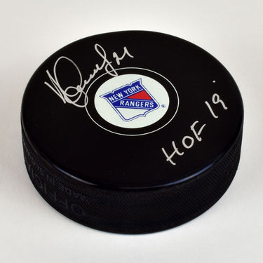 Sergei Zubov New York Rangers Autographed Puck with Hof 19 Note